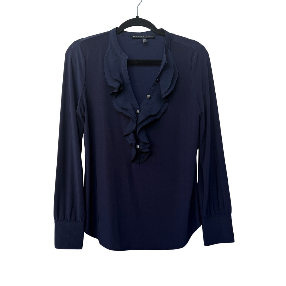 White House Black Market Navy Ruffle-Front Long-Sleeve Blouse